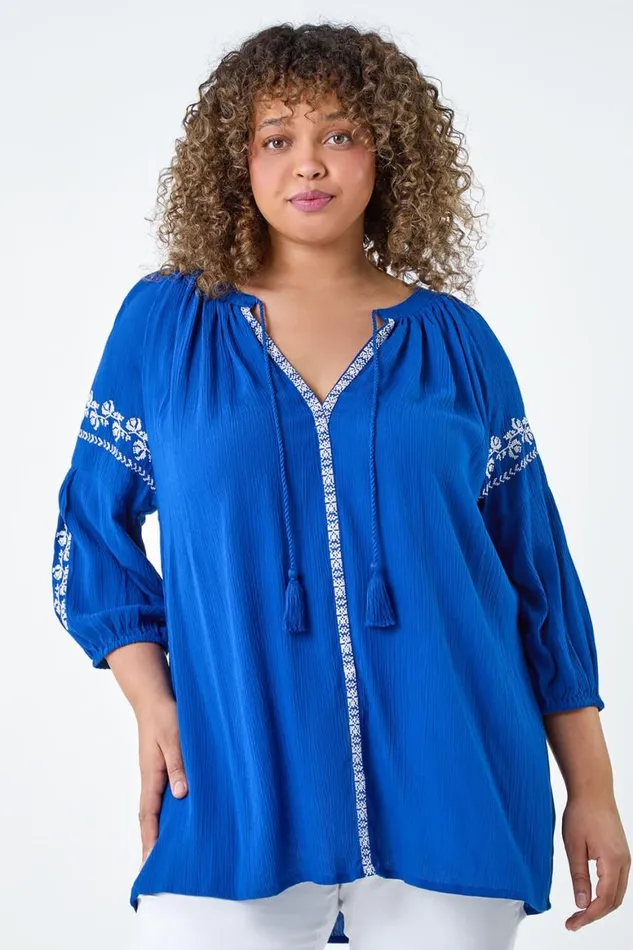 Women Royal Blue Curve Tie Neck Embroidered VNeck Smock Top Roman Tops