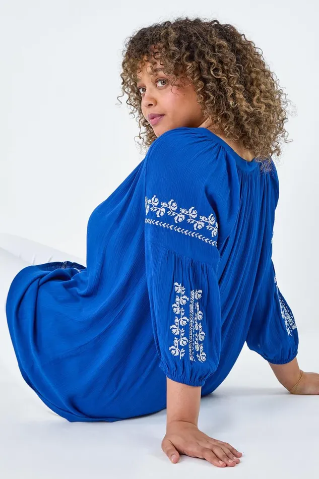Women Royal Blue Curve Tie Neck Embroidered VNeck Smock Top Roman Tops