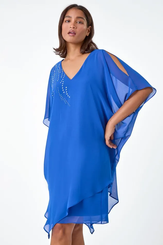Women Royal Blue Embellished Cold Shoulder Overlay Dress Roman Dresses