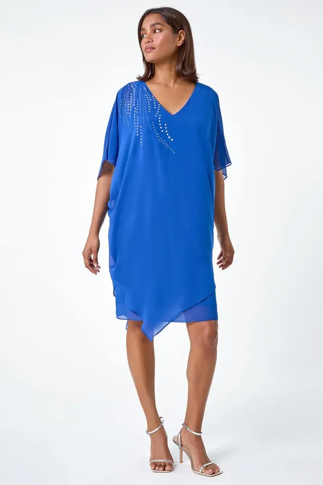 Women Royal Blue Embellished Cold Shoulder Overlay Dress Roman Dresses