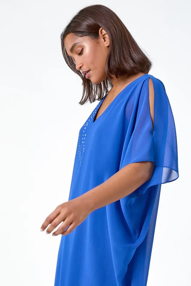 Women Royal Blue Embellished Cold Shoulder Overlay Dress Roman Dresses