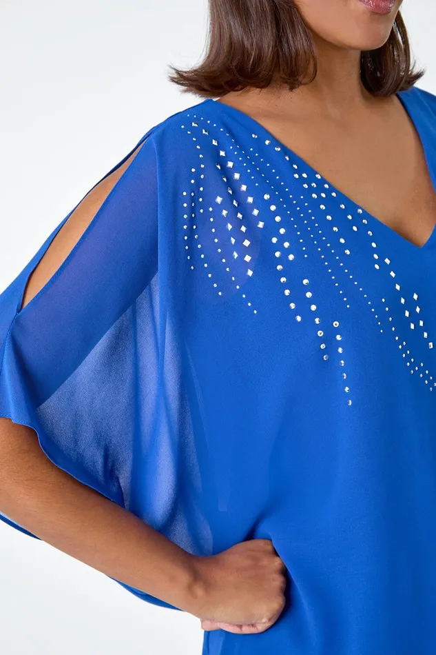 Women Royal Blue Embellished Cold Shoulder Overlay Dress Roman Dresses