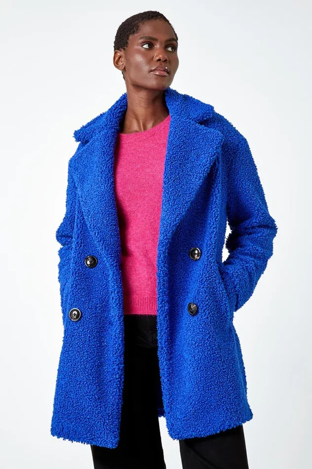 Women Royal Blue Faux Fur Longline Teddy Coat Roman Coats
