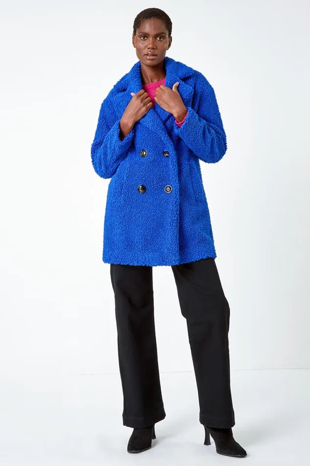 Women Royal Blue Faux Fur Longline Teddy Coat Roman Coats