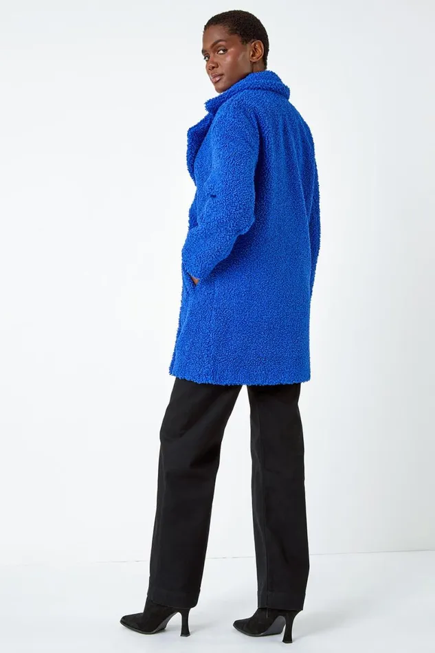 Women Royal Blue Faux Fur Longline Teddy Coat Roman Coats