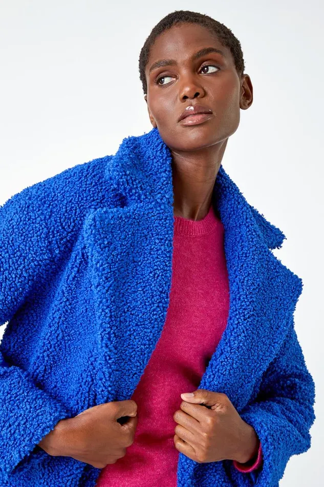 Women Royal Blue Faux Fur Longline Teddy Coat Roman Coats
