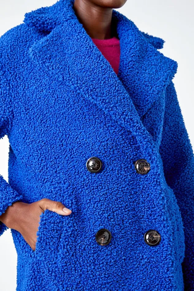 Women Royal Blue Faux Fur Longline Teddy Coat Roman Coats
