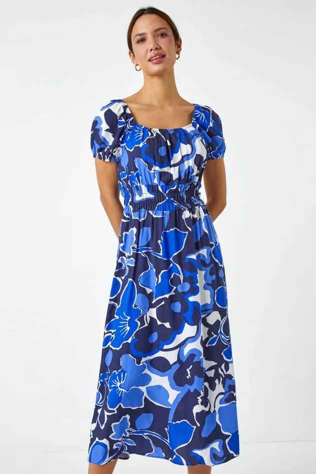 Women Royal Blue Floral Print Puff Sleeve Midi Dress Roman Dresses