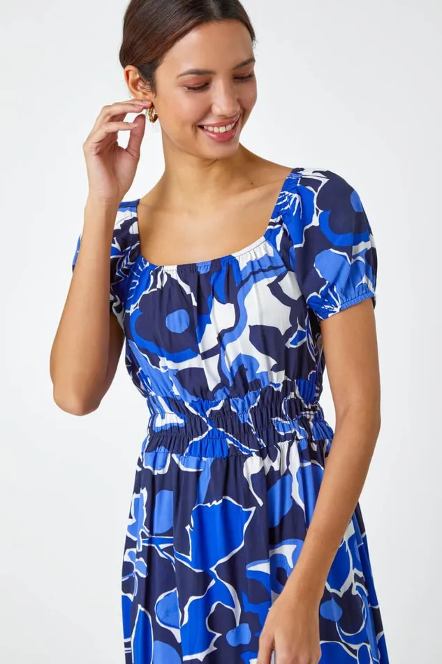 Women Royal Blue Floral Print Puff Sleeve Midi Dress Roman Dresses