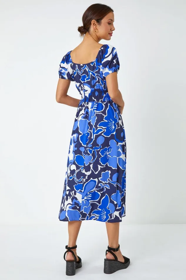 Women Royal Blue Floral Print Puff Sleeve Midi Dress Roman Dresses