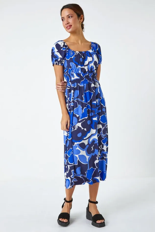 Women Royal Blue Floral Print Puff Sleeve Midi Dress Roman Dresses