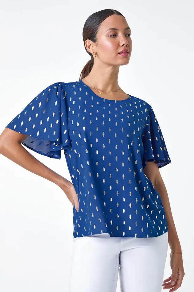 Women Royal Blue Metallic Foil Spot Print Top Roman Tops