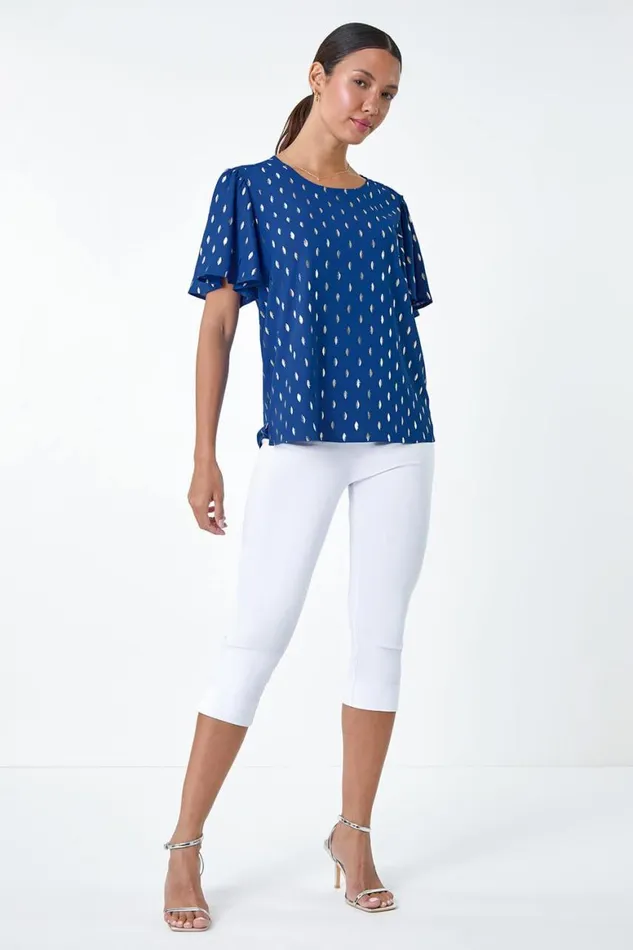 Women Royal Blue Metallic Foil Spot Print Top Roman Tops