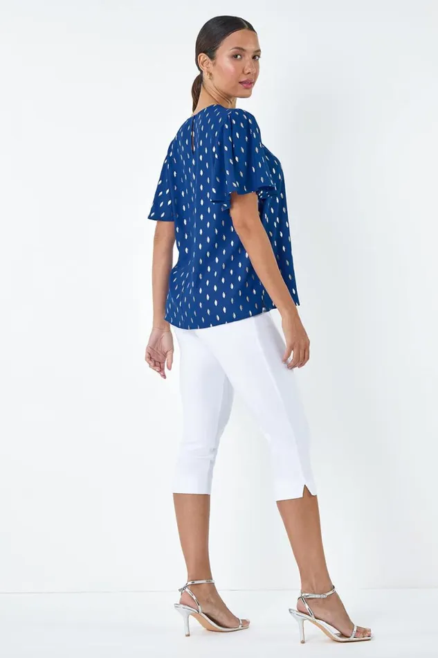 Women Royal Blue Metallic Foil Spot Print Top Roman Tops