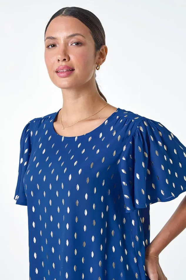 Women Royal Blue Metallic Foil Spot Print Top Roman Tops