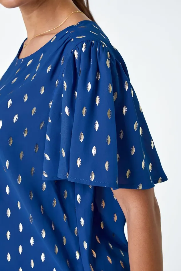 Women Royal Blue Metallic Foil Spot Print Top Roman Tops