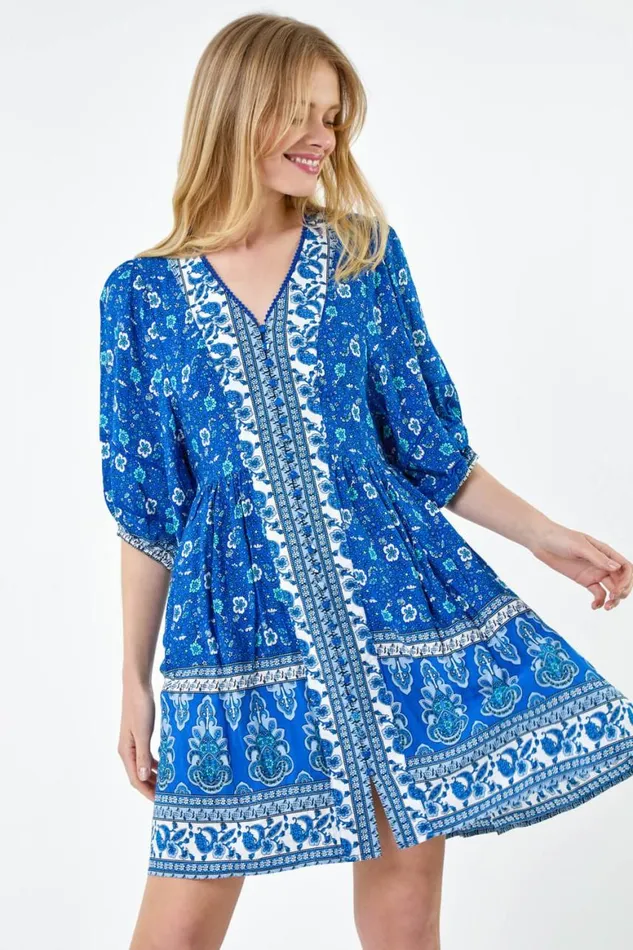 Women Royal Blue Paisley Floral Border Print Dress Roman Dresses