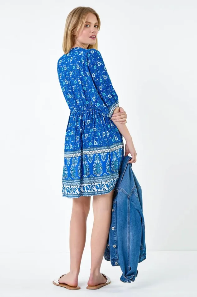 Women Royal Blue Paisley Floral Border Print Dress Roman Dresses
