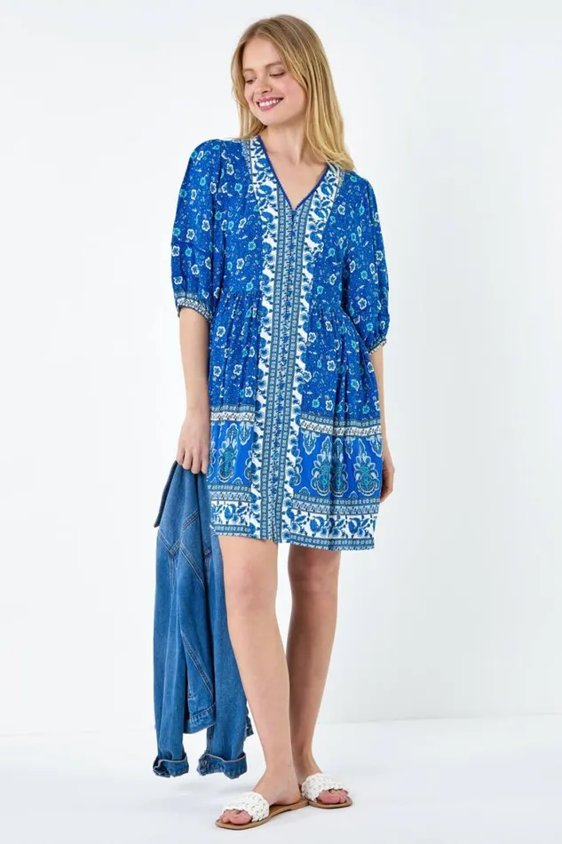 Women Royal Blue Paisley Floral Border Print Dress Roman Dresses