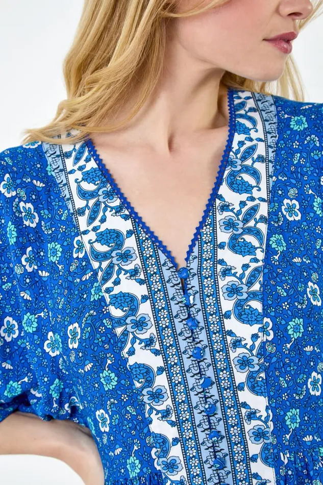 Women Royal Blue Paisley Floral Border Print Dress Roman Dresses
