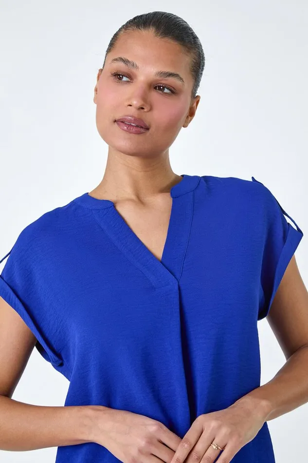 Women Royal Blue Plain Notch Neck Pleat Front Top Roman Tops