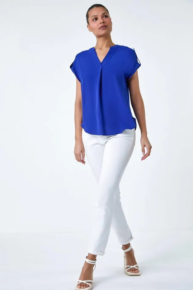 Women Royal Blue Plain Notch Neck Pleat Front Top Roman Tops