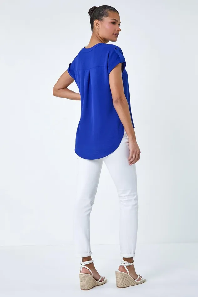 Women Royal Blue Plain Notch Neck Pleat Front Top Roman Tops