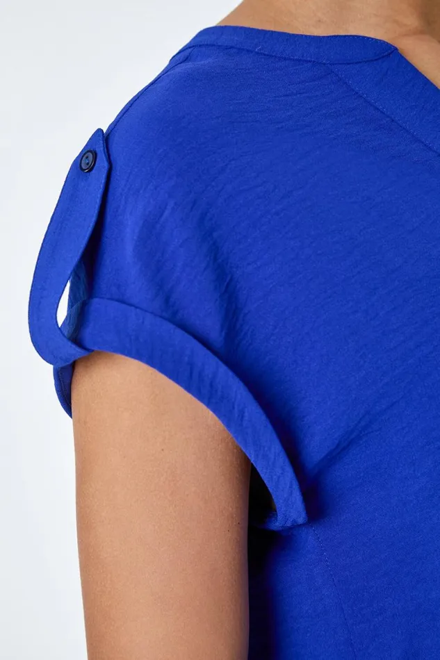 Women Royal Blue Plain Notch Neck Pleat Front Top Roman Tops