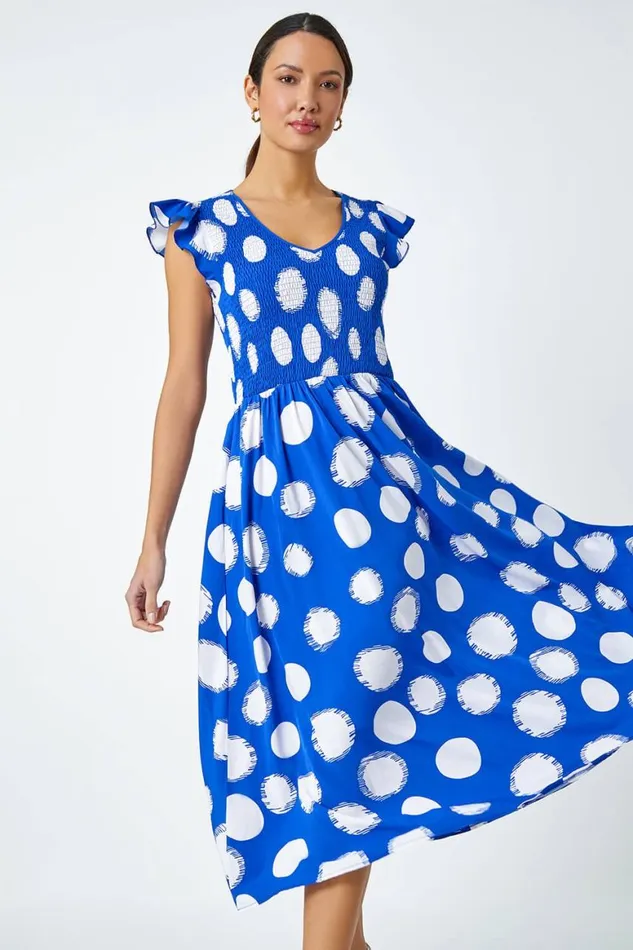 Women Royal Blue Polka Dot Shirred Stretch Midi Dress Roman Dresses