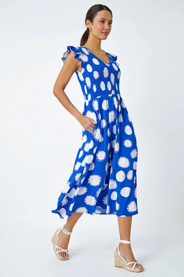 Women Royal Blue Polka Dot Shirred Stretch Midi Dress Roman Dresses