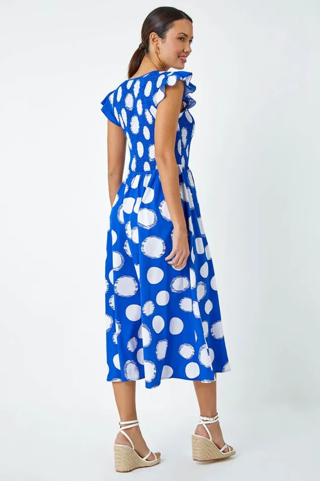 Women Royal Blue Polka Dot Shirred Stretch Midi Dress Roman Dresses
