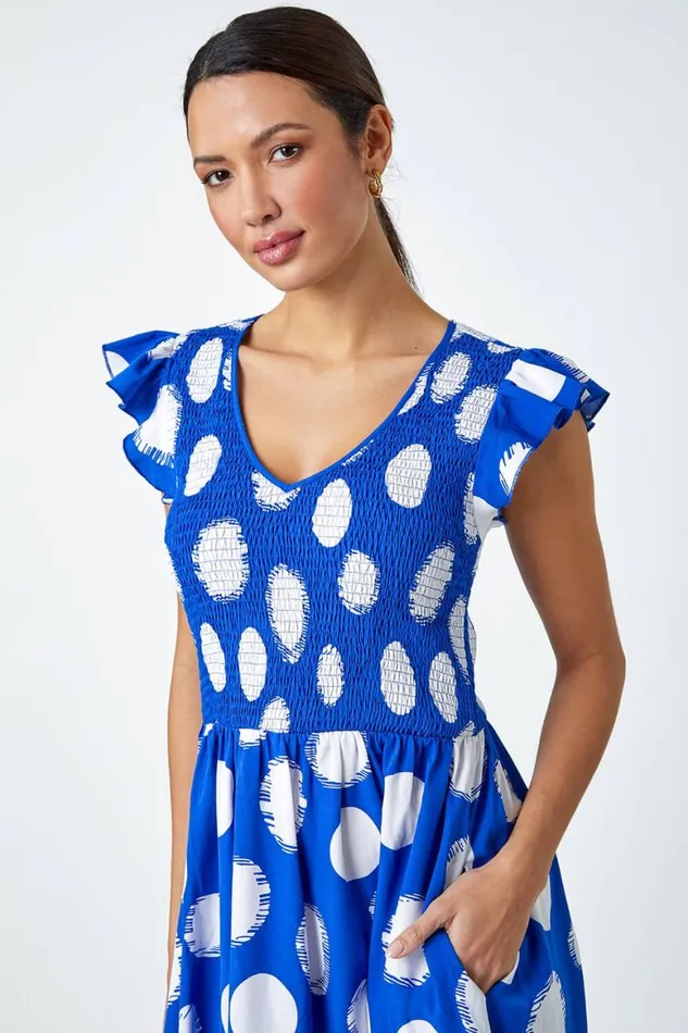 Women Royal Blue Polka Dot Shirred Stretch Midi Dress Roman Dresses