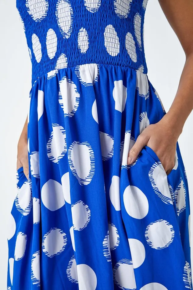 Women Royal Blue Polka Dot Shirred Stretch Midi Dress Roman Dresses