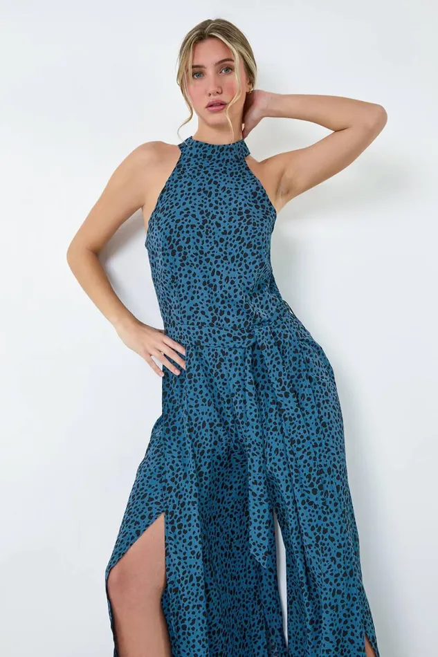 Women Royal Blue Spot Halter Neck Side Split Jumpsuit Roman Dresses