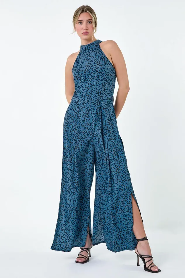 Women Royal Blue Spot Halter Neck Side Split Jumpsuit Roman Dresses