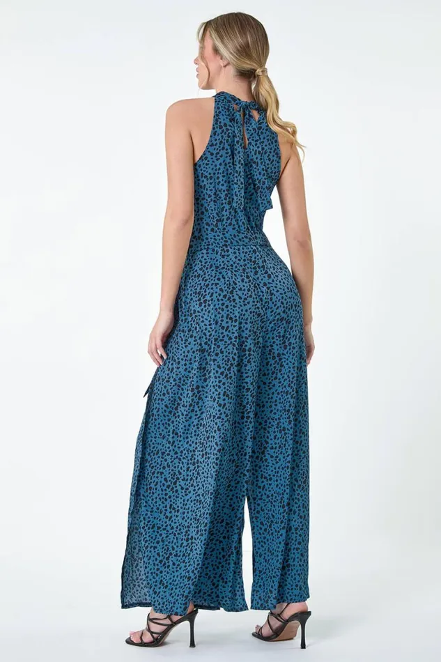 Women Royal Blue Spot Halter Neck Side Split Jumpsuit Roman Dresses