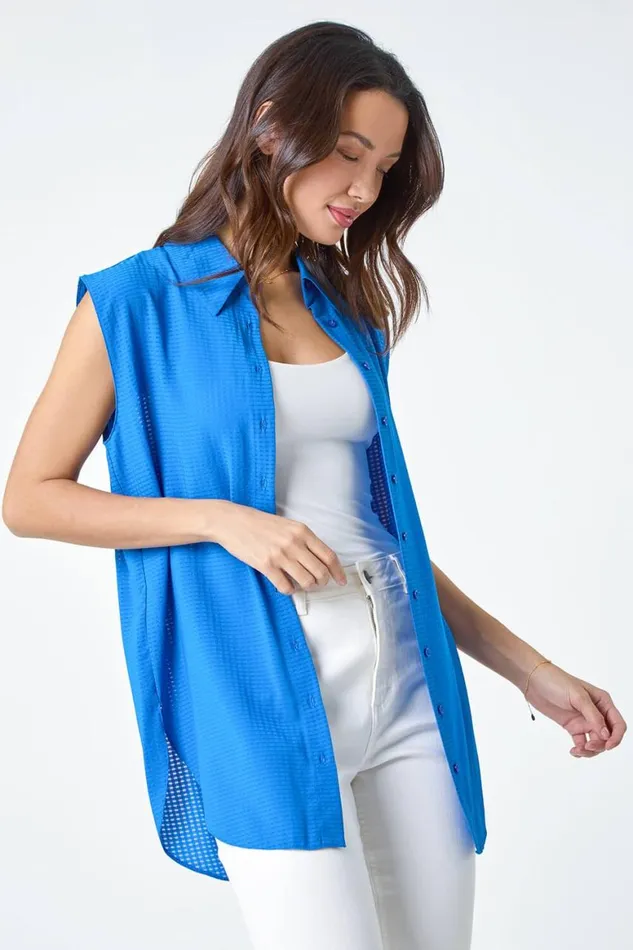 Women Royal Blue Textured Sleeveless Blouse Roman Tops