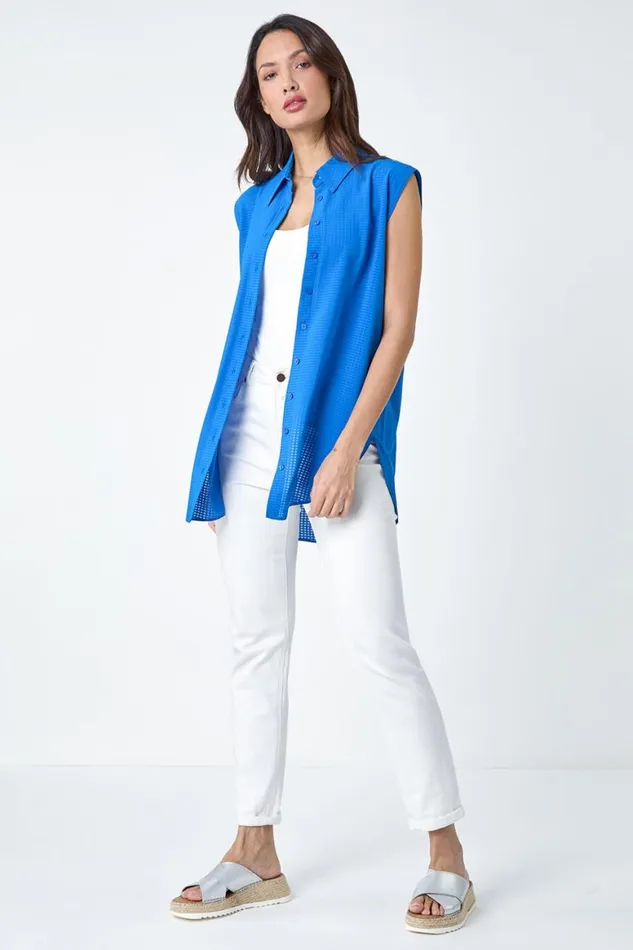 Women Royal Blue Textured Sleeveless Blouse Roman Tops