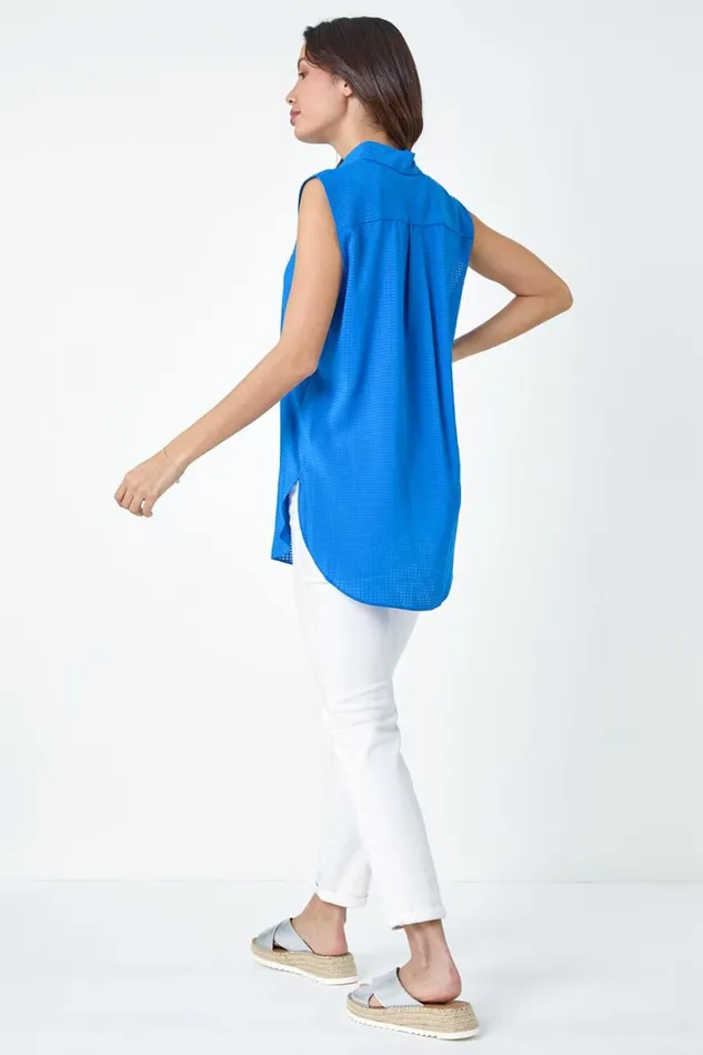 Women Royal Blue Textured Sleeveless Blouse Roman Tops