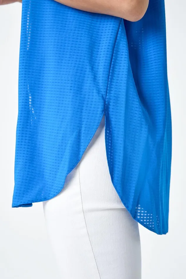 Women Royal Blue Textured Sleeveless Blouse Roman Tops