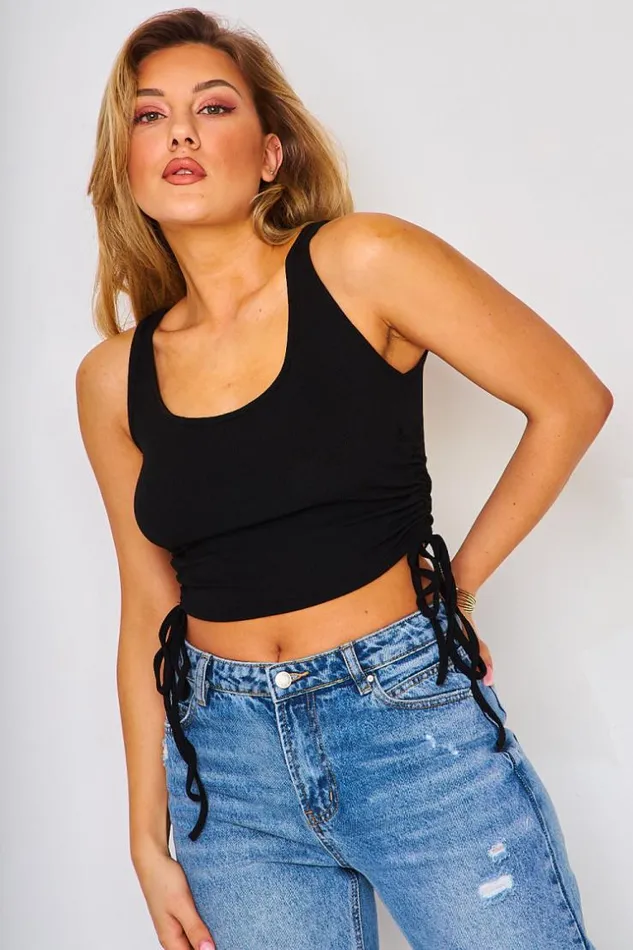 Women Ruched Side Crop Top Grey Brentiny Paris Top And Tank Tops