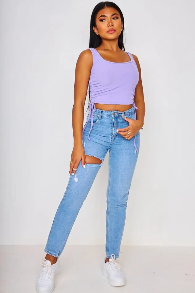 Women Ruched Side Crop Top Grey Brentiny Paris Top And Tank Tops