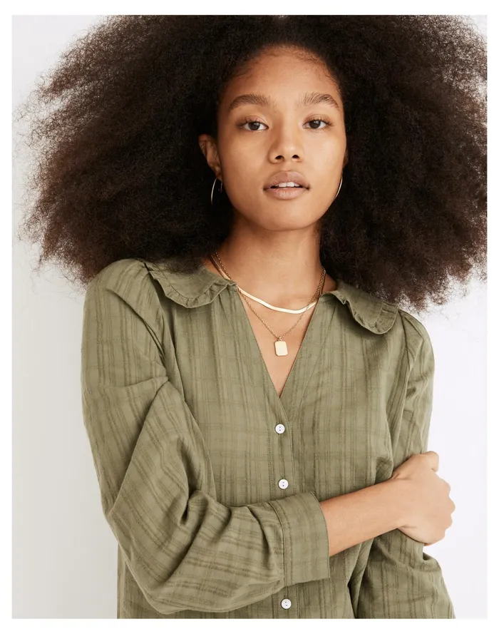 Women Ruffle Collar Button Up Shirt In Syril Plaid Faded Palm Madewell Tops and Shirts