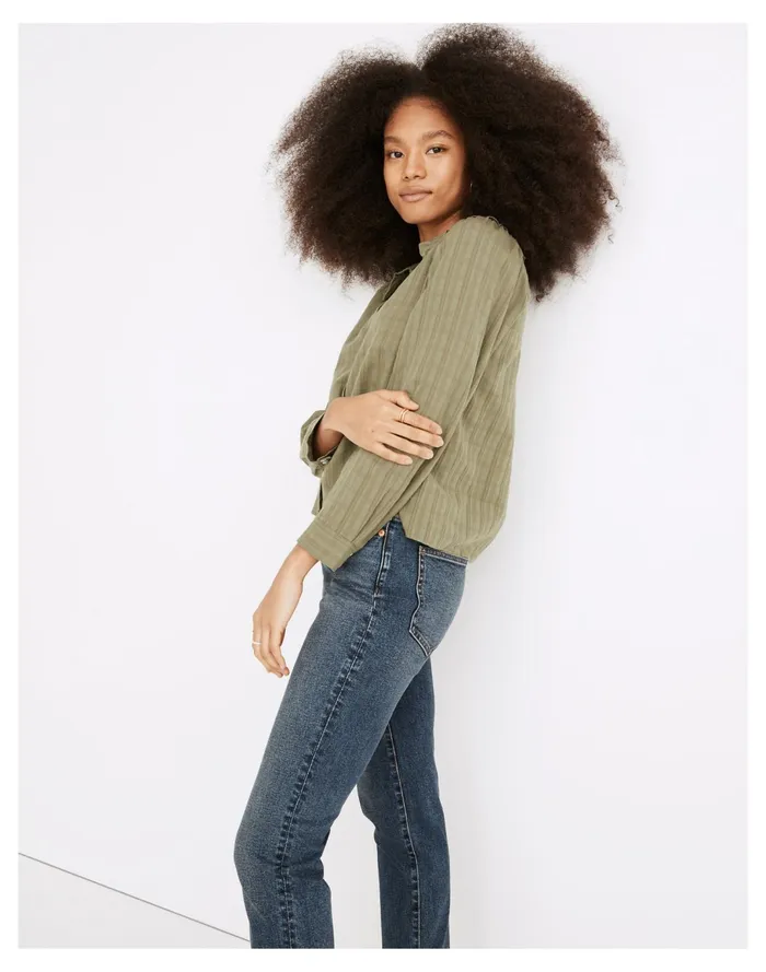Women Ruffle Collar Button Up Shirt In Syril Plaid Faded Palm Madewell Tops and Shirts Women Ruffle Collar Button Up Shirt In Syril Plaid Faded Palm Madewell Tops and Shirts