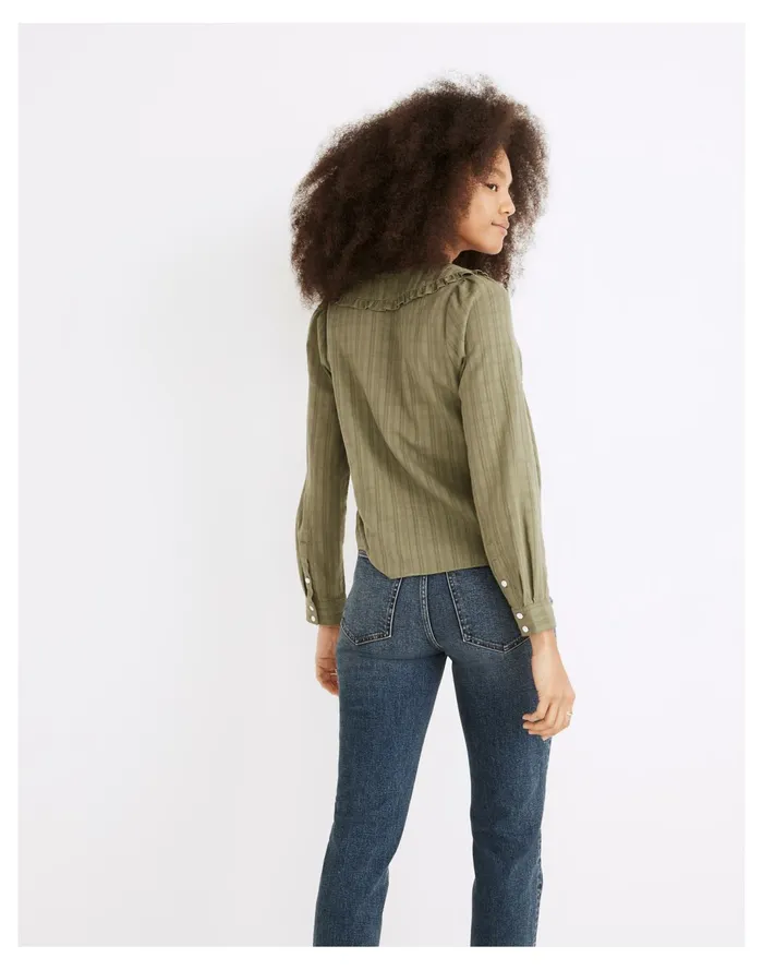 Women Ruffle Collar Button Up Shirt In Syril Plaid Faded Palm Madewell Tops and Shirts Women Ruffle Collar Button Up Shirt In Syril Plaid Faded Palm Madewell Tops and Shirts