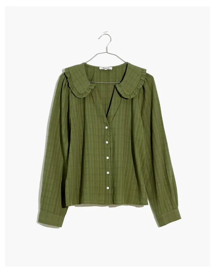 Women Ruffle Collar Button Up Shirt In Syril Plaid Faded Palm Madewell Tops and Shirts Women Ruffle Collar Button Up Shirt In Syril Plaid Faded Palm Madewell Tops and Shirts