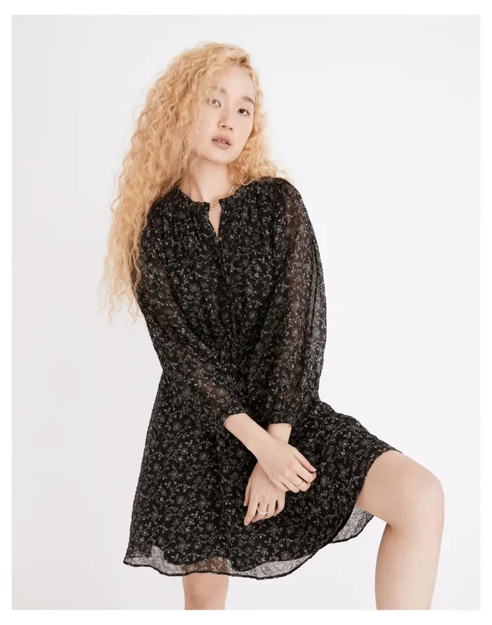 Women Ruffle Neck Button Front Mini Dress In Dotted Vines True Black Madewell Dresses