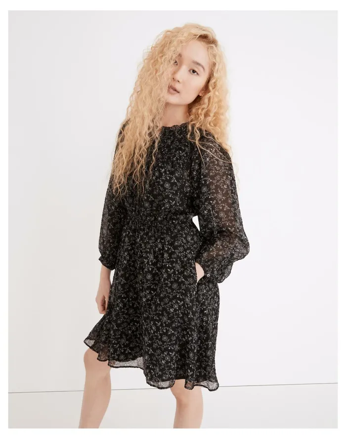 Women Ruffle Neck Button Front Mini Dress In Dotted Vines True Black Madewell Dresses Women Ruffle Neck Button Front Mini Dress In Dotted Vines True Black Madewell Dresses