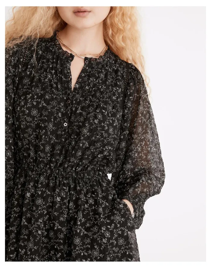 Women Ruffle Neck Button Front Mini Dress In Dotted Vines True Black Madewell Dresses Women Ruffle Neck Button Front Mini Dress In Dotted Vines True Black Madewell Dresses