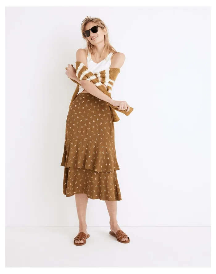 Women Ruffle Tiered Midi Skirt In Daisy Stitch Weathered Olive Madewell Skirts